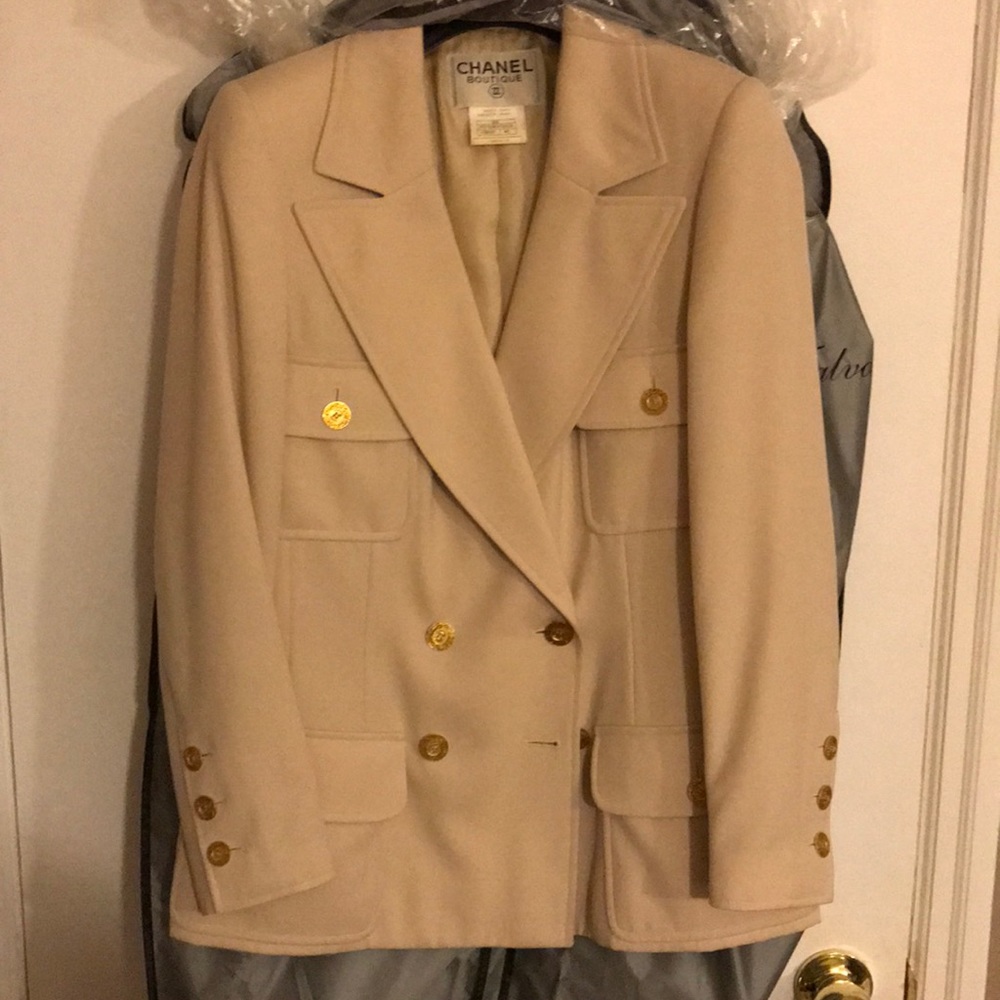 CHANEL Cream Double-Breasted Blazer with Gold Buttons
